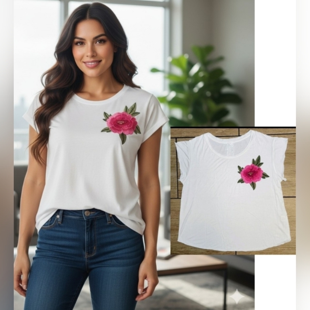 Sadie And Sage Boho Lightweight Loose T-shirt 3D Flower Embroidered Size L - Picture 13 of 13